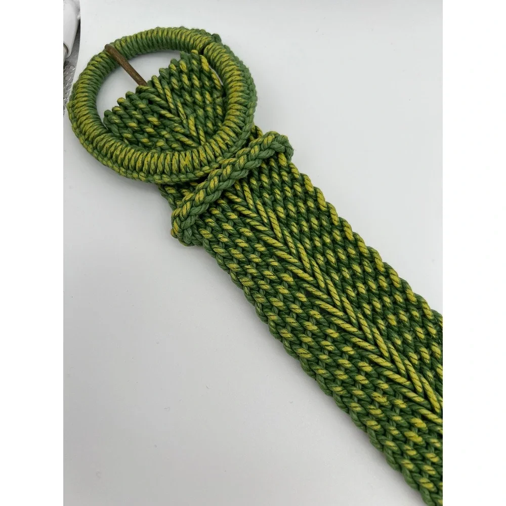 COLDWATER CREEK Macrame Woven Belt Women S/M Green Braided Cotton Round Buckle